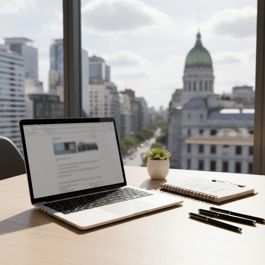 Professional workspace with laptop, notepad, and office supplies in natural daylight, Buenos Aires skyline in background