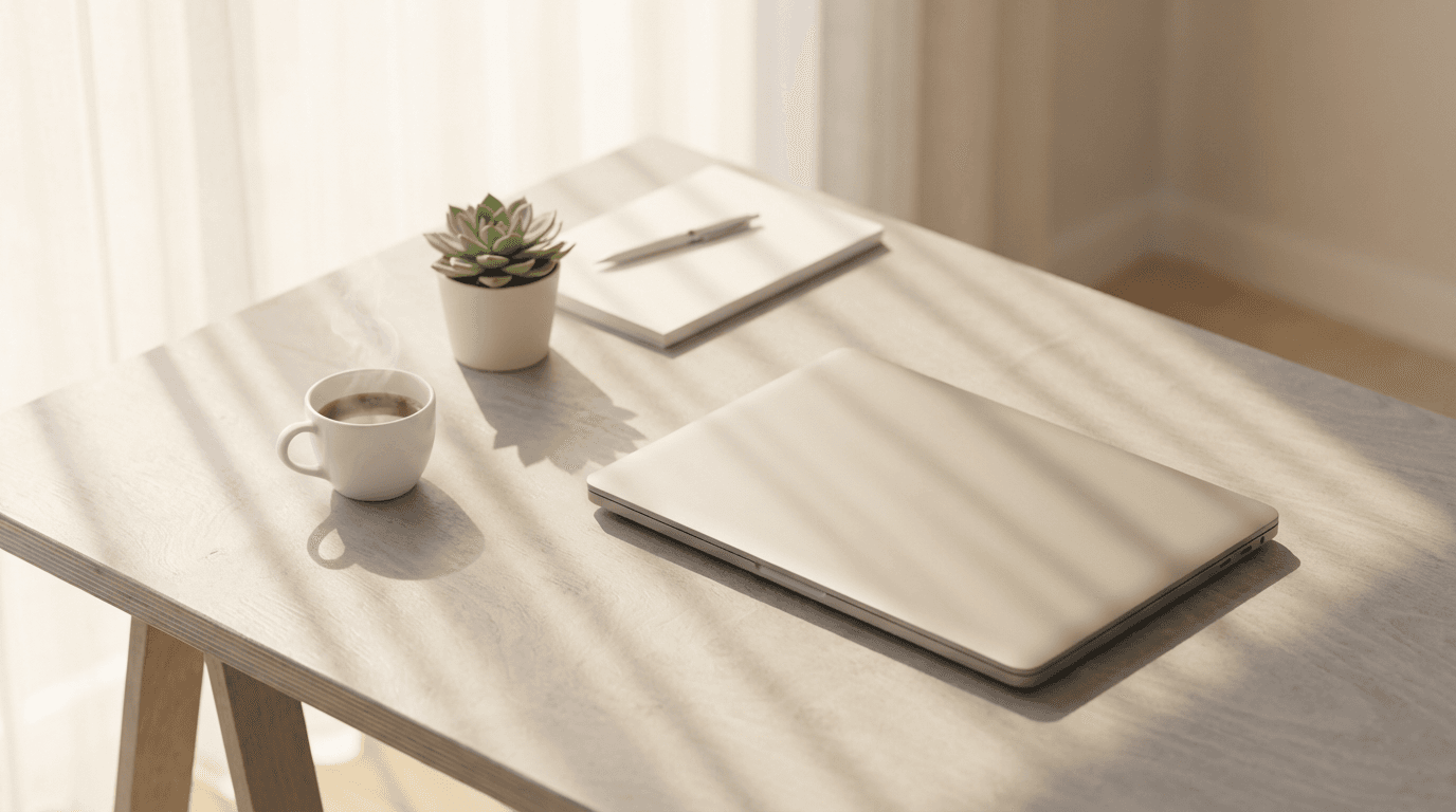 Bright minimalist desk with laptop, steaming coffee, plant, and notebook in natural window light with blind shadows
